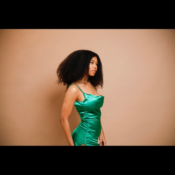 Emerald Satin Mini Dress |Adjustable Straps/Slit Detail/Holiday Party–Size S M L - Picture 11 of 13